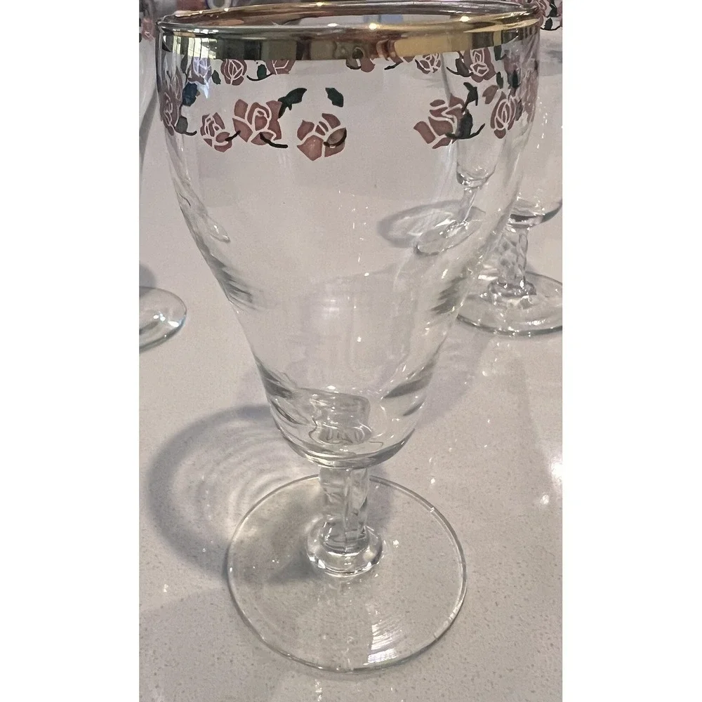 Rare Pink Rose Gold Trim Water‎ Goblets Drinking Glasses Set Of 3